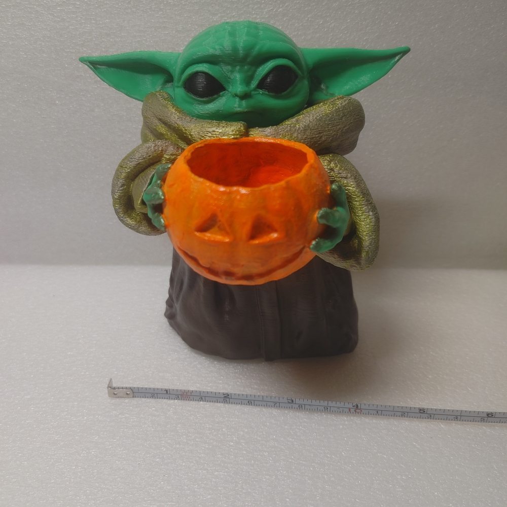 Green Baby Yoda Figurine Holding Orange Pumpkin - Picture 7 of 9